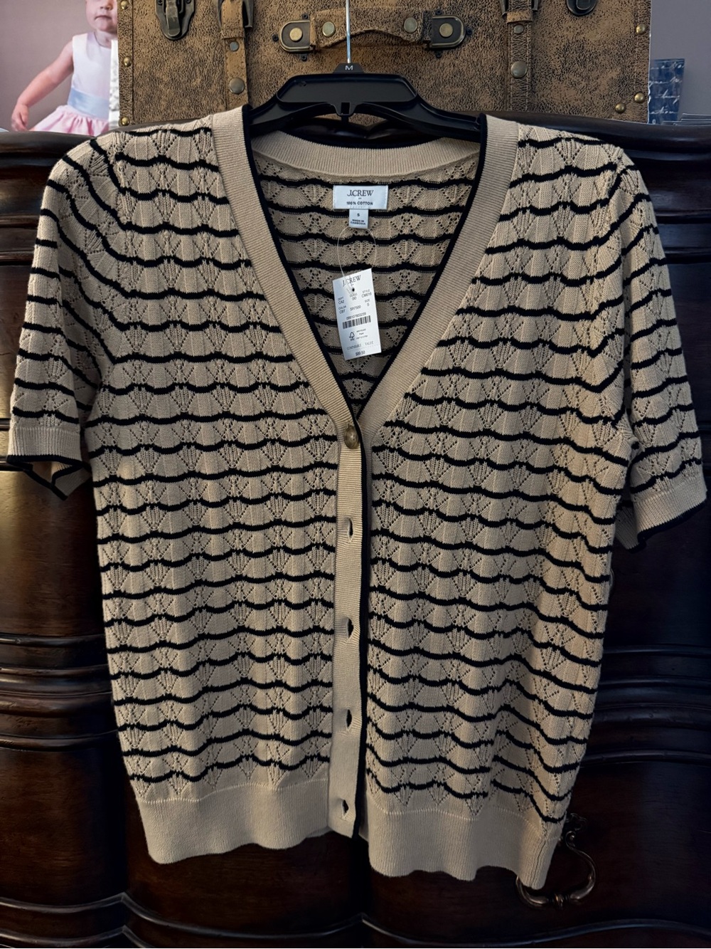 J. Crew Beige Short-Sleeve Button Cardigan with Black Wave Stripes